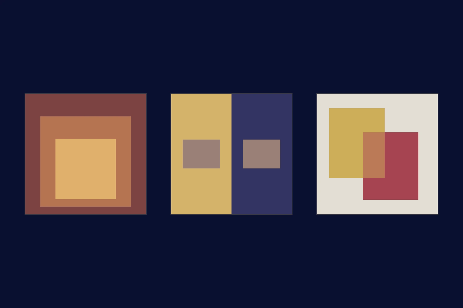 Three flat color plates in a row on a midnight ground: a nested-squares Homage to the Square in russet and amber, a gold and a violet field each holding an identical warm gray rectangle, and a gold sheet crossing a rose sheet whose overlap color makes them read as transparent.