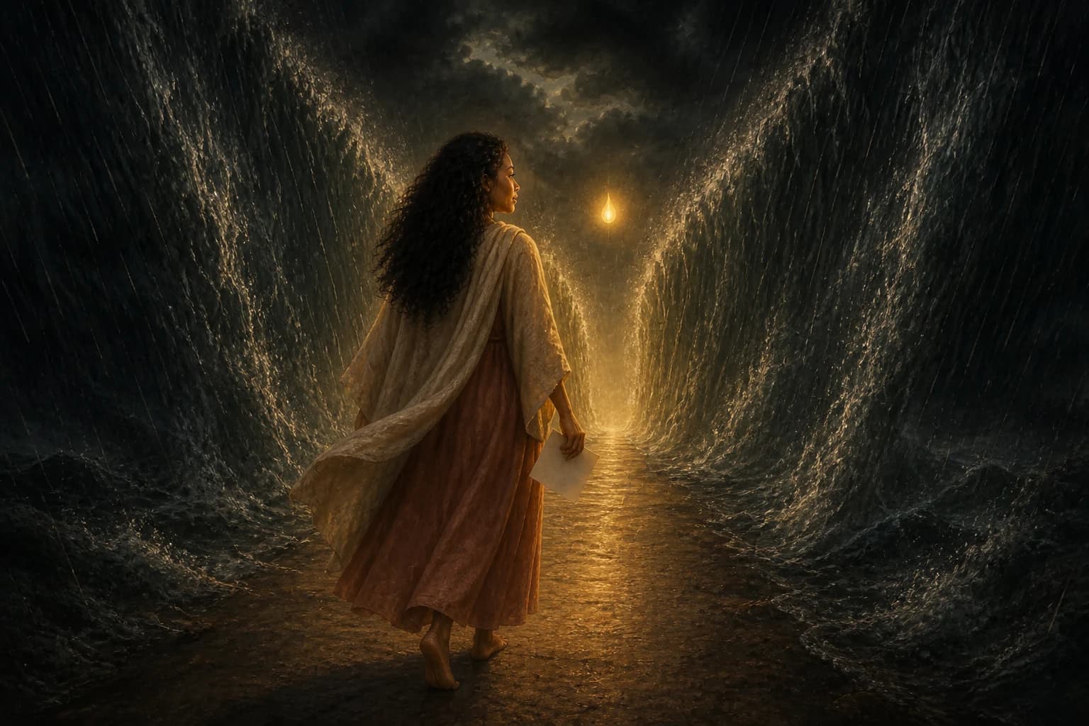 Oil painting in deep near-black. Towering walls of driving rain and black water rear up on both sides of a narrow corridor and curve overhead, leaving a parted channel down the middle. A woman walks away from the viewer along it, seen from behind and slightly to the side, mid-stride and barefoot on dry ground, in the same terracotta dress and oatmeal wrap. Her hair and clothes are completely dry and a warm golden light rests on her. A single small upright flame of gold light, no larger than a fist and with no face or body, hovers in the air ahead of her and lights the path.