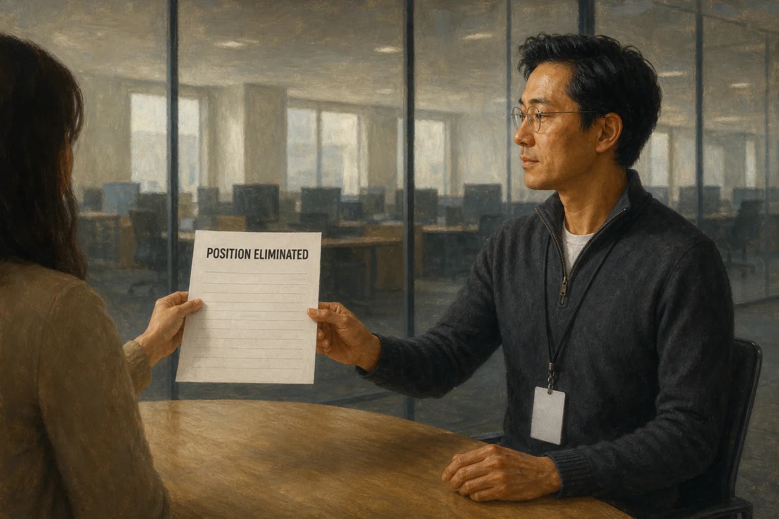 Oil painting. Inside a glass-walled conference room at a technology company, a person seen from behind at the left of the frame holds a printed page out across a wooden table. The page faces the viewer and reads POSITION ELIMINATED in bold black capitals above blank ruled lines. At the right, seen in exact side profile, sits an East Asian American man in his late thirties in thin round wire-frame glasses and a dark grey quarter-zip, a blank white badge on a lanyard at his chest. His head is up, his shoulders are level, and one hand is reaching to take the page. Rows of empty desks are visible through the glass behind him.