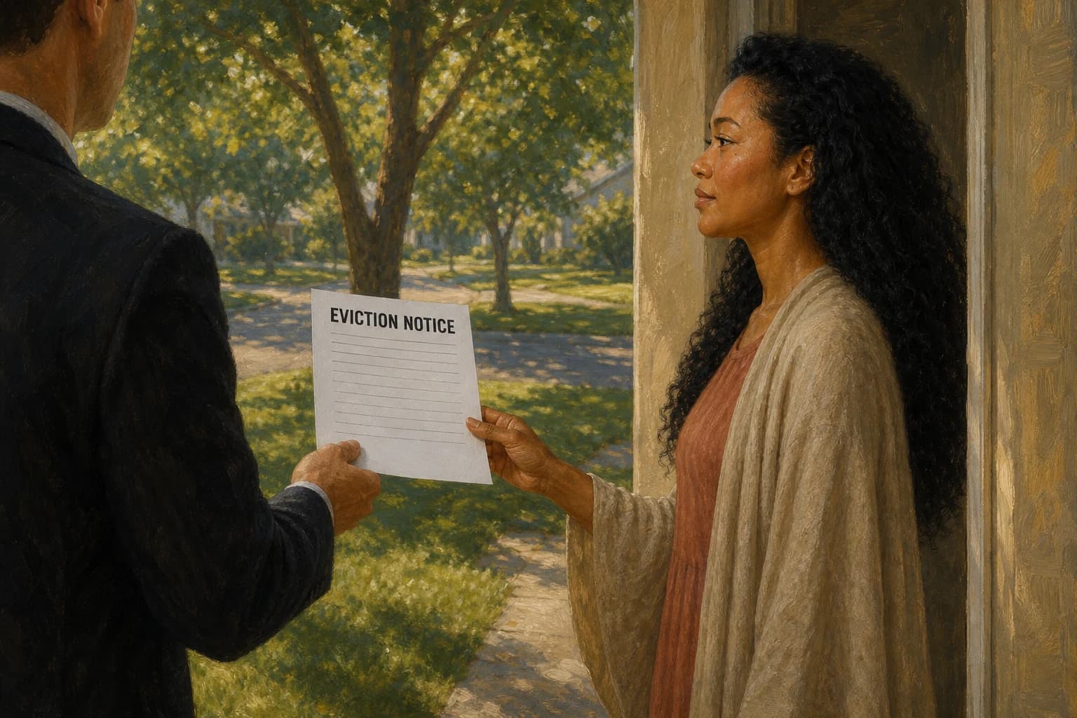 Oil painting. On an ordinary sunny afternoon a man in a dark suit, seen from behind at the left of the frame, holds out a printed page toward a woman standing in her own front doorway at the right. The page faces the viewer and reads EVICTION NOTICE in bold black capitals above blank ruled lines. She is seen in exact side profile, a Black and East Asian woman in her thirties with long tightly-coiled dark hair, wearing a loose terracotta house dress and an open oatmeal wrap. Her head is up, her eye is level, her mouth relaxed, and one hand is coming up to take the page. Green lawn and a quiet suburban street behind them.