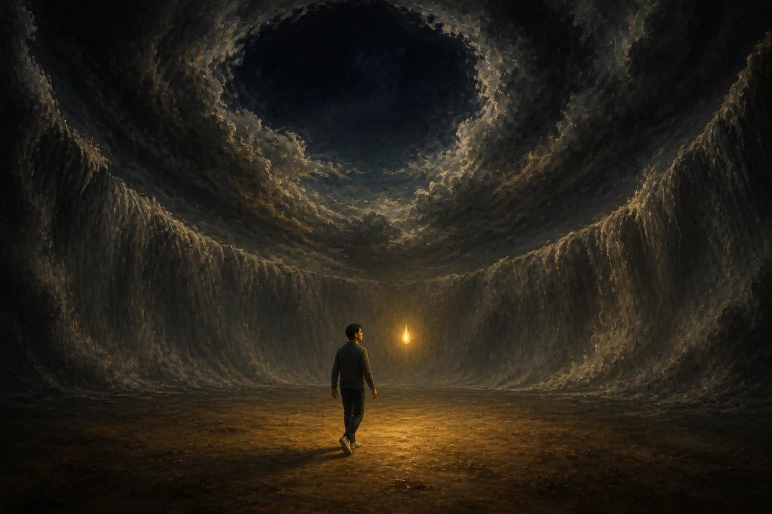 Oil painting in deep near-black. A colossal circular wall of storm cloud encircles the whole frame and curves up and overhead, opening far above onto a ragged circle of dark night sky. On the dry ground at the bottom of that vast arena a small figure walks, an East Asian American man in a dark quarter-zip and jeans, lit with a warm golden light. A single small upright flame of gold light, no larger than a fist and with no face or body, hovers in the air a few feet ahead of him and is the only light in the picture.