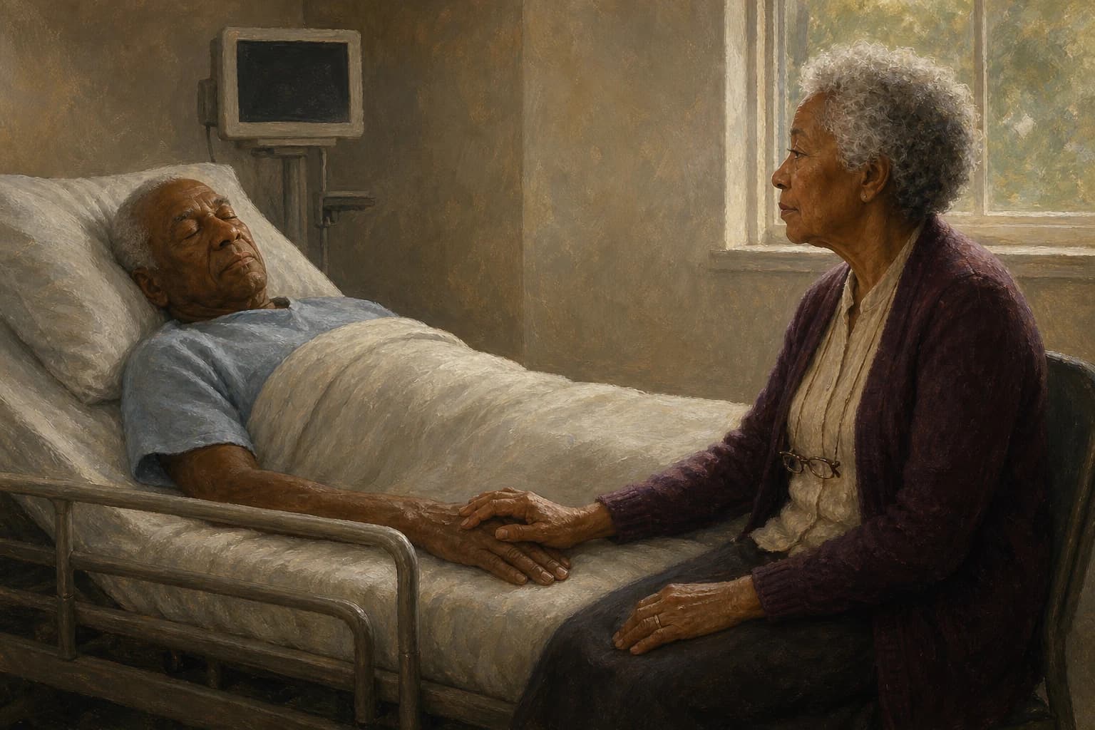 Oil painting. A hospital room in ordinary morning light. An elderly Black man lies in the bed with his head on the pillow, his face visible and entirely at rest, eyes gently closed, like a man asleep after a long day. His wife, a Black woman in her eighties with short silver-white hair and a dark plum cardigan, sits upright in a chair pulled close beside him, seen in profile, looking at his face. Her hand rests over his on the blanket and a thin worn gold band is visible on her finger. The heart monitor on the wall is dark and blank. Ordinary trees are visible through the window.
