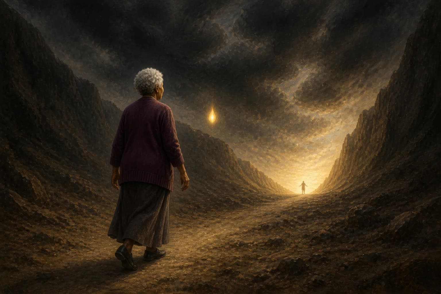 Oil painting. A vast dark valley with enormous black slopes rising steeply on both sides and closing in overhead under a torn storm sky. An elderly Black woman in a dark plum cardigan and long skirt walks away from the viewer along the valley floor, upright and unhurried, a warm golden light resting on her. A small upright flame of gold light hovers in the air ahead of her. At the far end the slopes fall away and the storm ends, opening onto a wide warm dawn light, and a figure stands waiting in it.