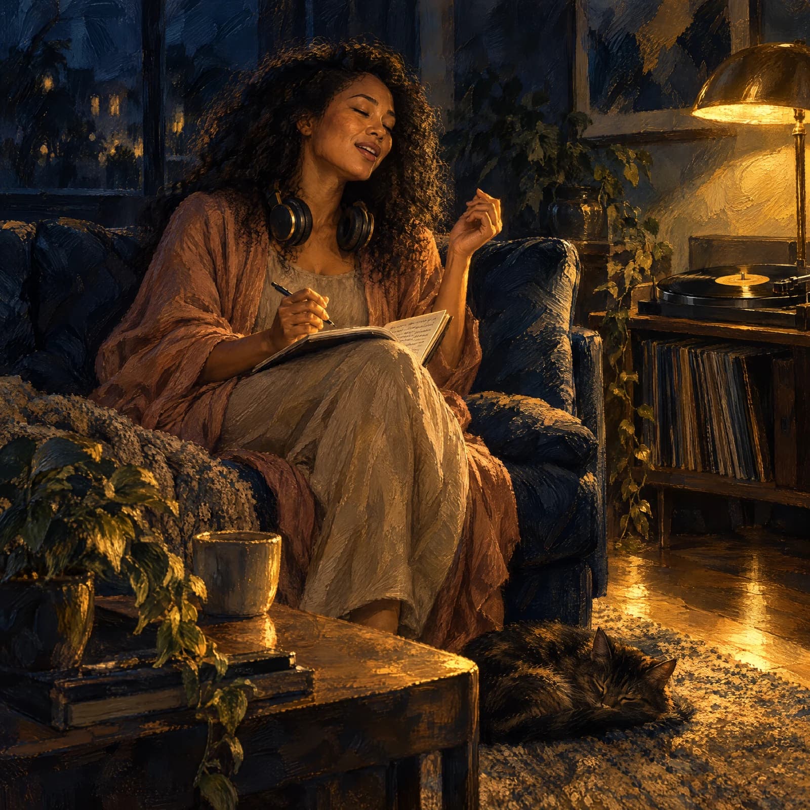 Oil painting in deep navy and warm gold: a woman with long curly hair sings to herself on a couch at night, a notebook of lyrics in her lap and headphones around her neck, a record spinning nearby, lamplight pooling across the floor where a cat sleeps.
