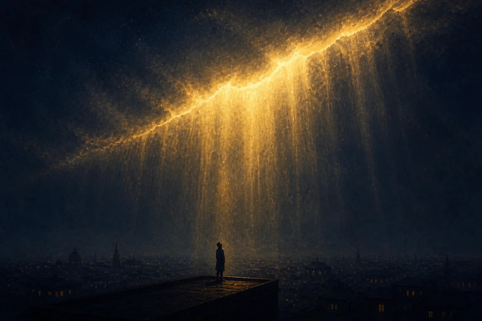 A small figure on a dark rooftop looks up at a night sky torn open along one long diagonal seam, from which curtains of golden light descend over a sleeping city with a few faint lit windows.