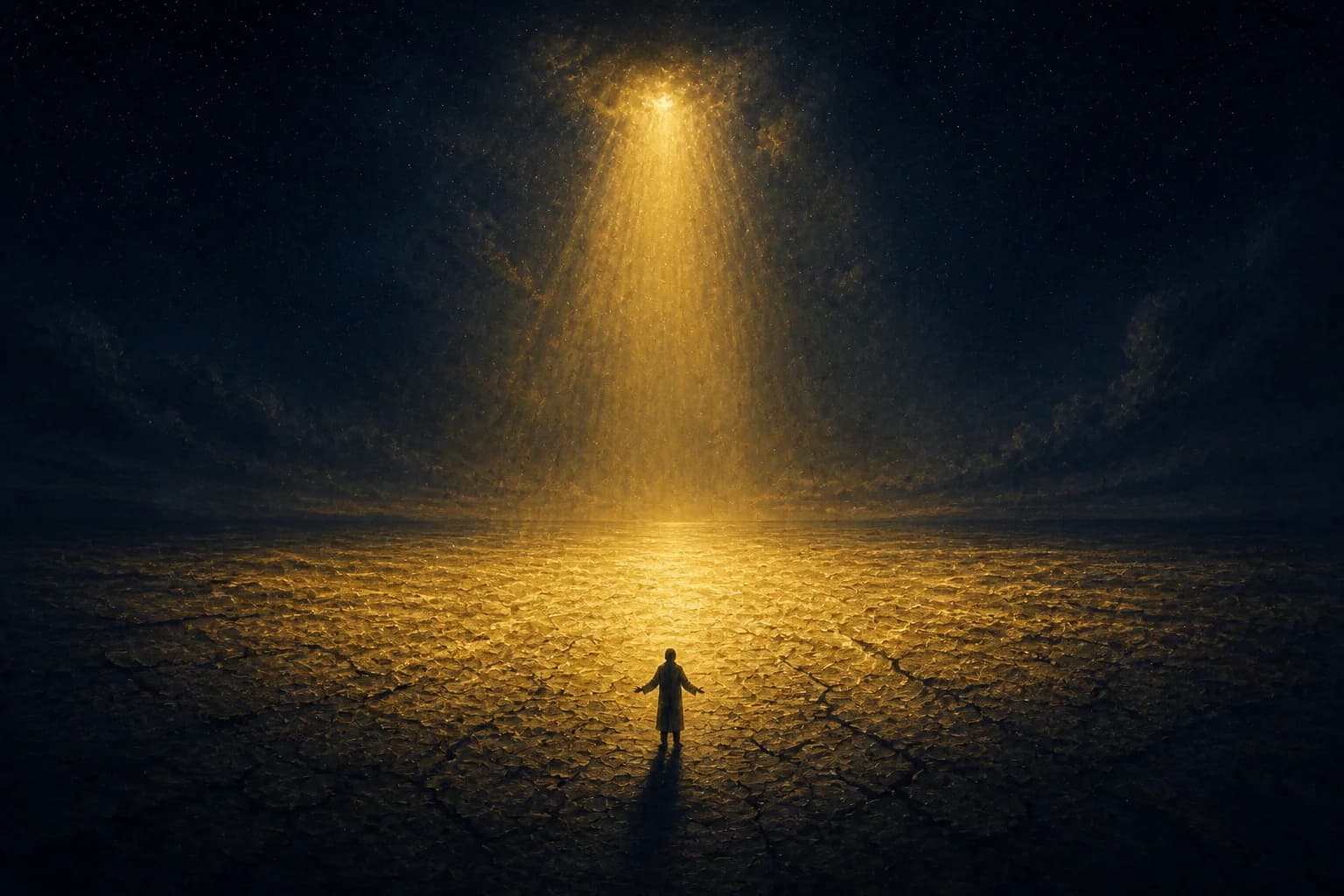 A small figure with open hands stands on cracked dry ground as a broad shaft of golden light falls from a starry navy sky onto the land ahead, turning the darkness gold outward across the plain.