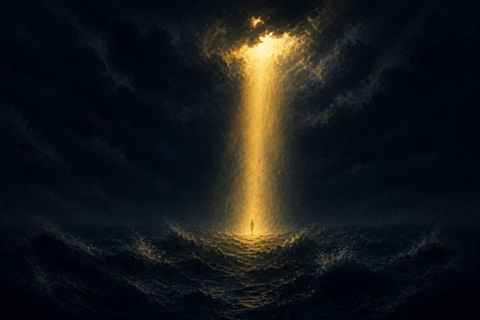 A single column of golden light breaks through a rift in heavy storm clouds and holds a tiny figure upright at the surface of a dark churning sea; everything outside the shaft is deep midnight blue.