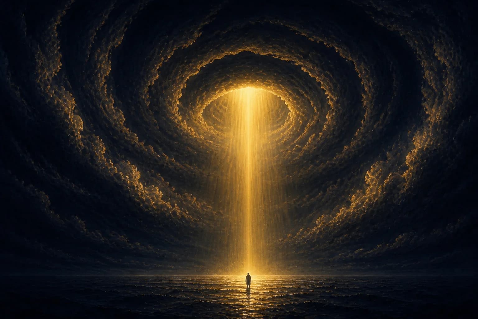 Seen from inside a vast hurricane of dark cloud, golden light pours down through the calm eye onto a tiny figure standing on the water at the center; the wheeling cloud rings glow gold along their inner rims.