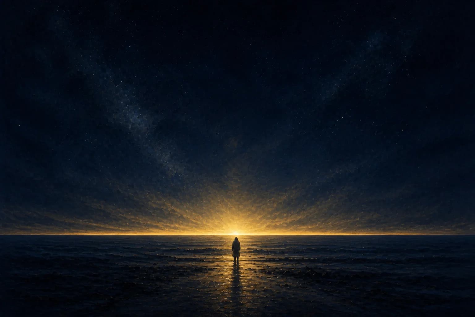 A small hooded figure stands on a dark wet shoreline as the first sliver of golden dawn breaks at the horizon, laying low rays across the sand; the sky above is still deep starlit navy.