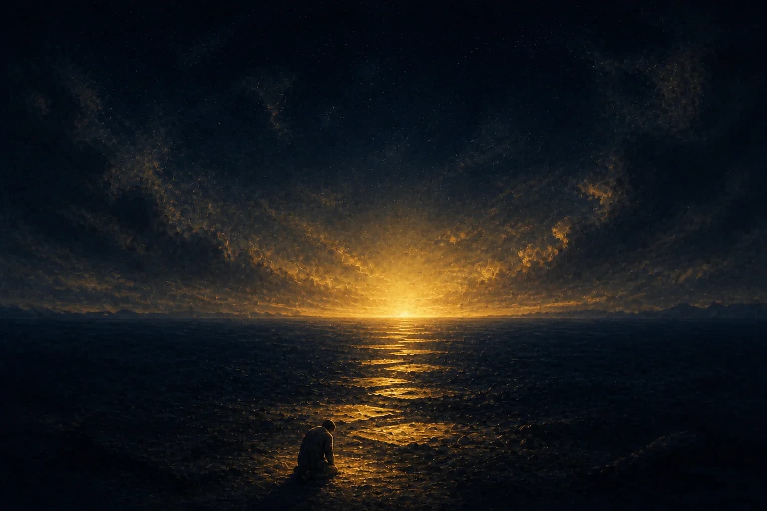 A small figure kneels at the lower edge of a dark rocky landscape at first light, as golden dawn breaking at the horizon lays a lit path of ground that recedes step by step into the distance.
