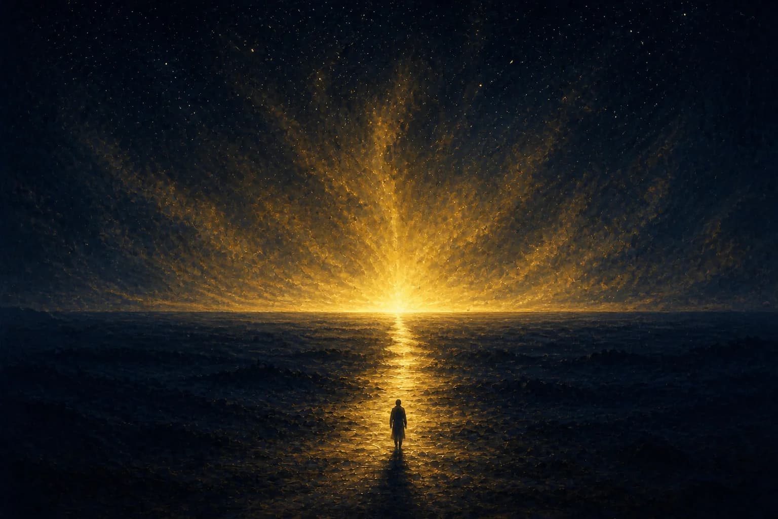 A tiny silhouetted figure walks a lit path across a dark rocky plain toward a horizon flooded with golden light; rays fan upward into a starry navy sky, and the path glows gold ahead of the walker.