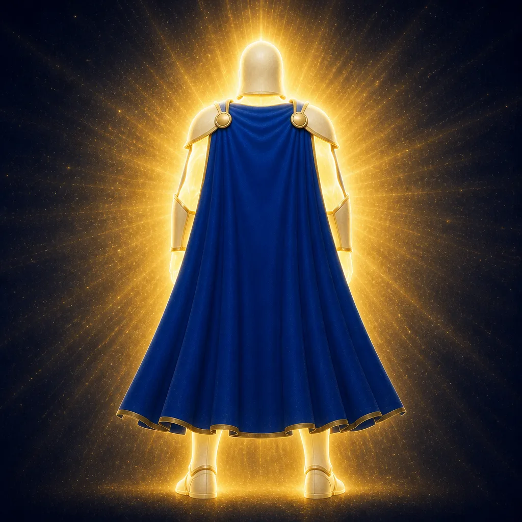 The figure from behind: one unbroken deep blue cape with a gold border falling from two round gold shoulder discs and covering the whole back to the hem