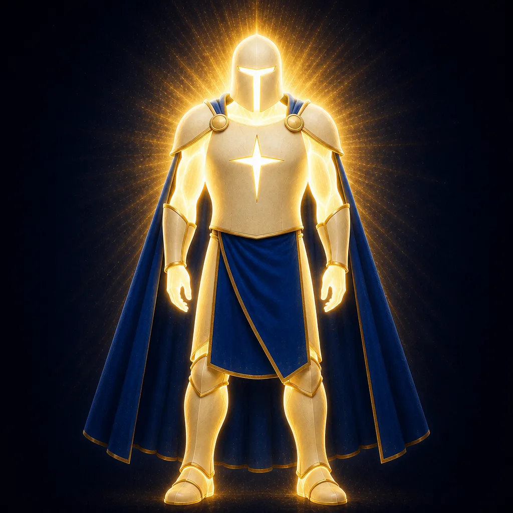 The full figure standing: a domed white helm with a T-shaped opening of light, white plate armour over a body of blazing gold light, a deep blue cape and a blue waist drape, legs fully plated