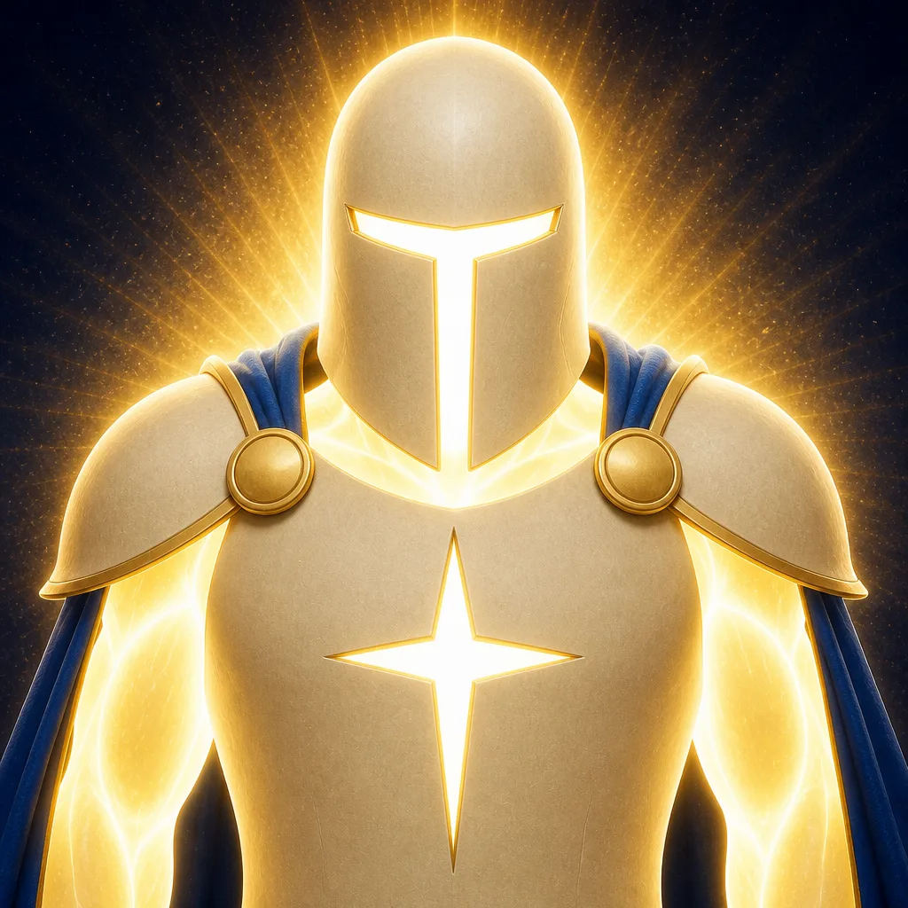 Close on the helm: a smooth bone-cream dome with swept cheek guards and a single T-shaped opening blazing white, no face behind it, and a four-point star cut through the breastplate below