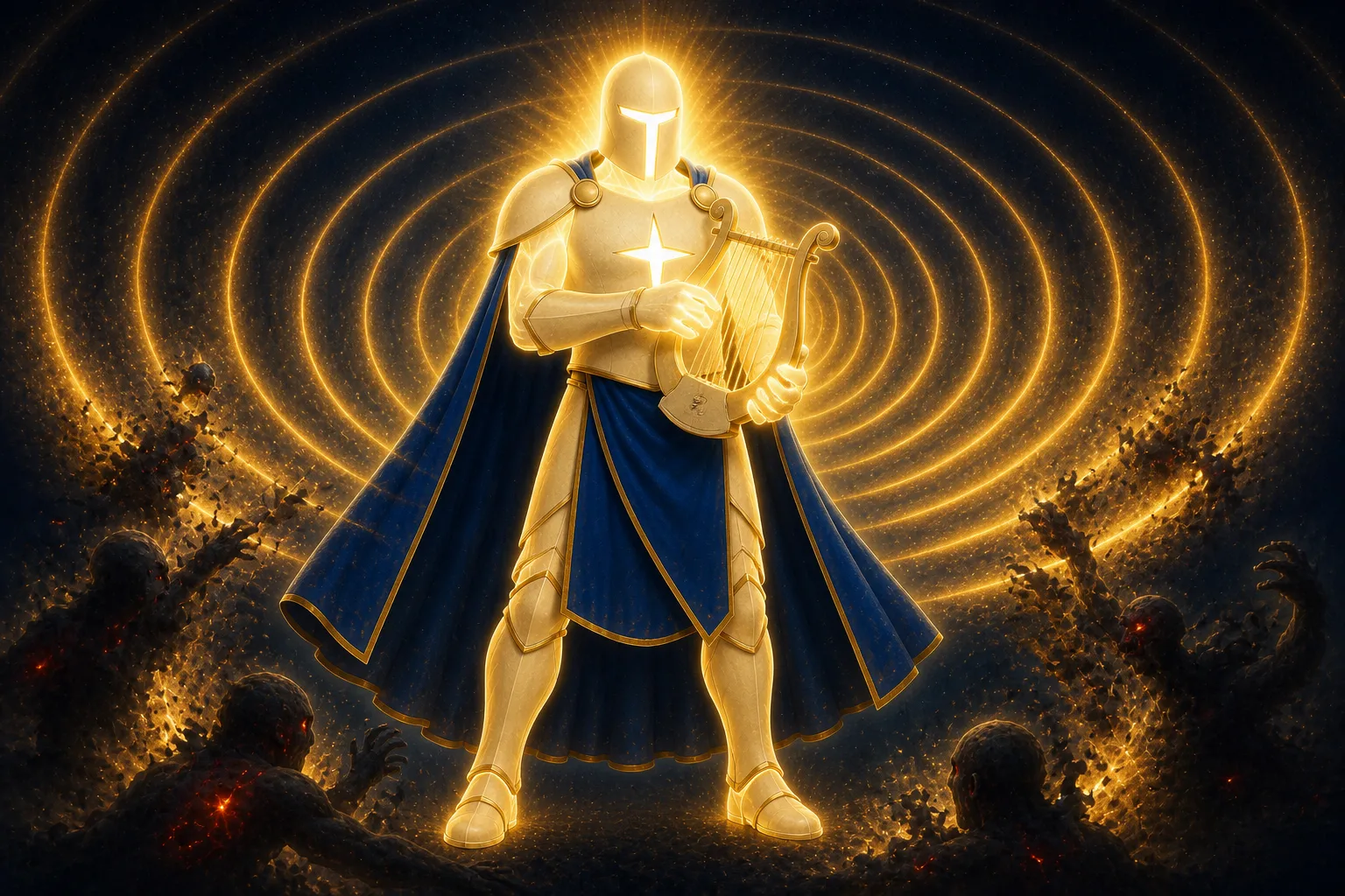 An armoured figure of white plate and blazing gold light plays a small brass lyre against its chest, rings of gold sound spreading across the whole frame, dark smoke figures with ember eyes recoiling at the edges