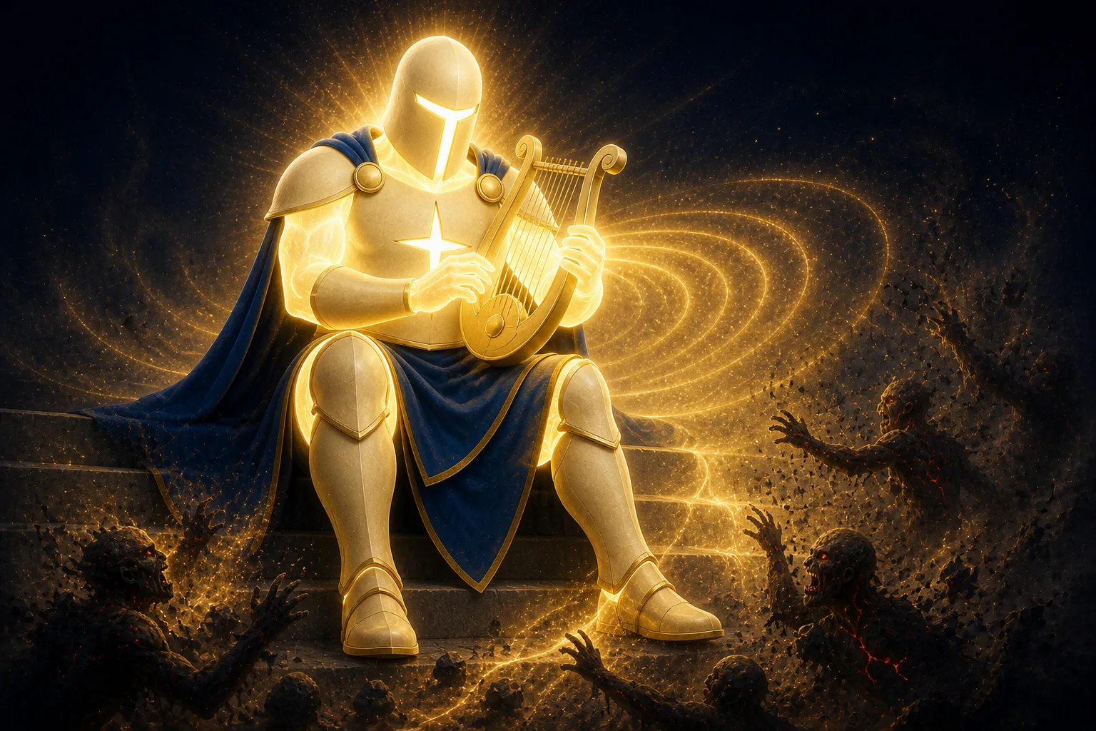 The armoured figure sits on a low dark step playing the lyre, head bowed slightly over the strings, smoke figures pouring away down the steps into the dark