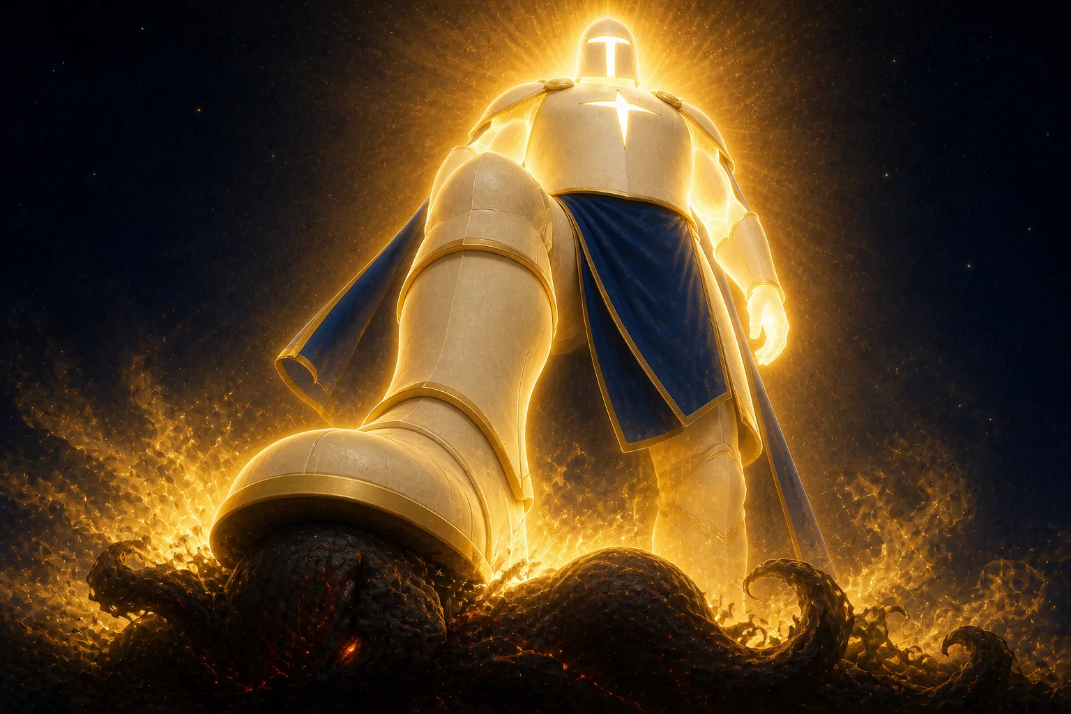 Seen from ground level, a huge armoured foot rests on a dark coiled mass of smoke shot through with ember-red cracks, the figure towering away above into a night sky