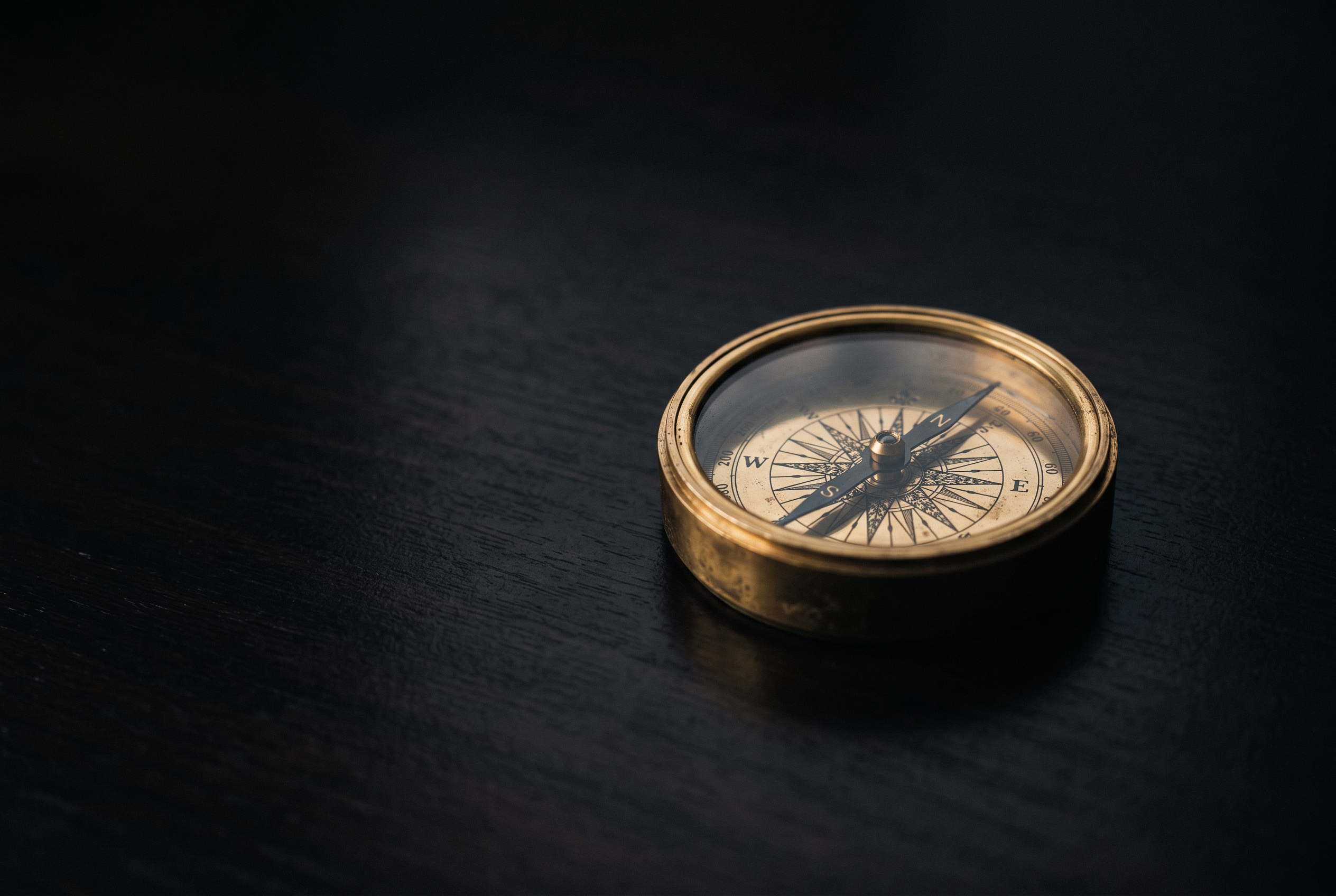 An antique brass compass resting on a dark desk, lit warm from one side.
